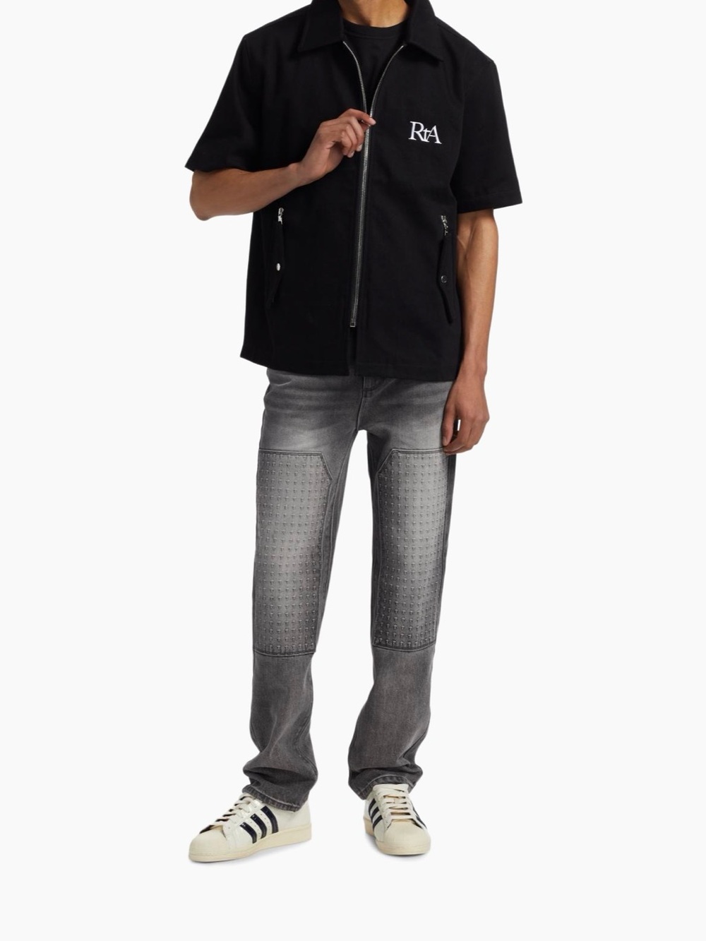 RtA Men's Gray Washed Straight Jeans with Textured Knee Panels